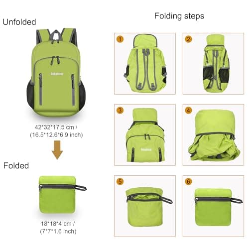 Bekahizar 20L Ultra Lightweight Backpack Foldable Hiking Daypack Rucksack Water Resistant Travel Day Bag for Men Women Kids Outdoor Camping Mountaineering Walking Cycling Climbing (Bright Green) — view 3