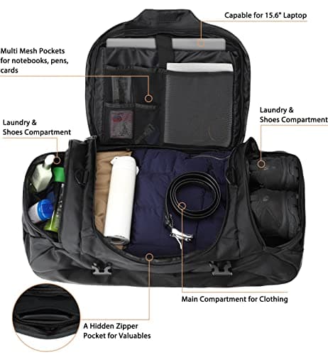 Ubon 65L Travel Duffel Backpack Waterproof 4-Way Holdall Gym Bag Black — view 3