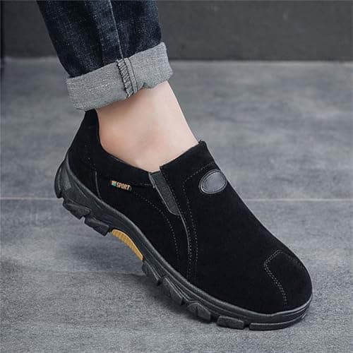 Walking Shoes Wide Fit Trainers for Men Slip-On Waterproof Walking Shoe Outdoor Suede Upper Hiking Trainers Fashion Low-Top Sneaker with Orthopedic Arch Support for Fitness Jogging Black — view 6
