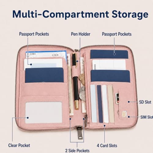 ILIYAH Pink Family Passport Holder - RFID Blocking PU Leather Travel Document Organiser for 5 Passports Cards Pen SIM SD — view 3