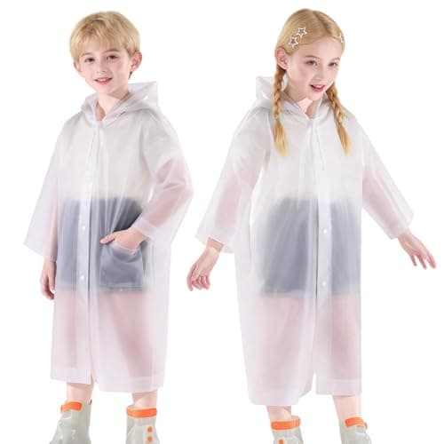 AropaeenGlowry 2pcs Kids Waterproof Rain Poncho with Hood & Sleeves - Reusable EVA Raincoat for Boys Girls, Camping & Travel, White