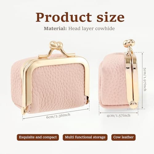 QINGLANG Genuine Leather Mini Jewelry Box with Kiss Lock Vintage Inspired Coin Purse Portable Small Jewelry Case Organizer Small Travel Ring Box for Girls Women(Pink) — view 2