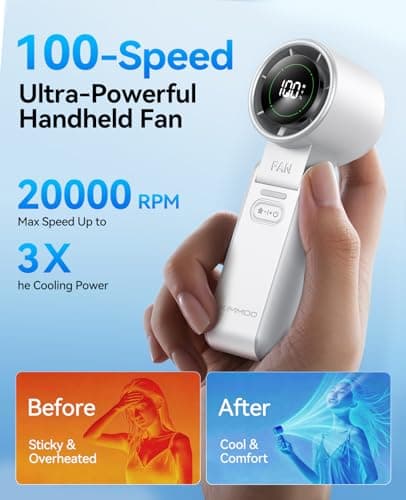 3-in-1 Portable Handheld Turbo Fan-100 Speeds, 20000 RPM, 12Hrs Cooling, Digital Display, 120° Rotation, USB Rechargeable Mini Hand Held Personal Fan for Travel, Makeup, Outdoor, Indoor (White) — view 3