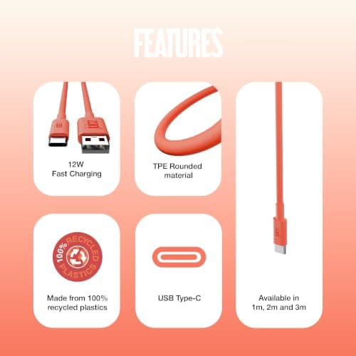 Juice USB Type C 3m Charger and Sync Cable for Samsung Galaxy S20, S10, S9, S8, S20 Plus, Huawei P30, P20, Sony, Apple Ipad 2020, Pro 2020, Air 2020 - Coral — view 6