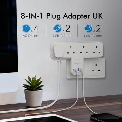 CRaghue Multi Plug Adapter, 8 in 1 Plug Extension Socket 4 Way with 4 USB, Plug Adapter UK, Wall Socket Plug Extender for School Home, Kitchen, Office, White — view 4
