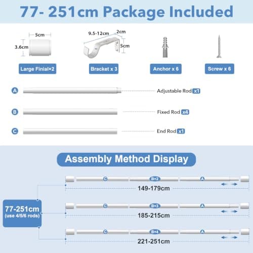 PeSenp Curtain Poles 77-240cm, 25mm Diameter White Extendable Curtain Rod — view 4