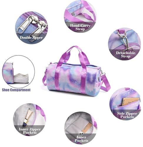 Teens Women Travel Bagwith Shoe Compartment & Wet Compartment Swimming Bag, Children's Girls Travel Bag for Gymnastics Swimming Cute Colourful Dance Bag Rainbow Pattern Sports Bag, Purple, — view 5