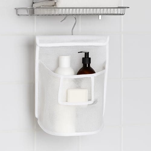 Bojueshaw Hanging Mesh Shower Bag with Hook,Reusable Laundry Clothespin Holder,Peg Basket for Washing Line,Bathroom & Travel(White) — view 4