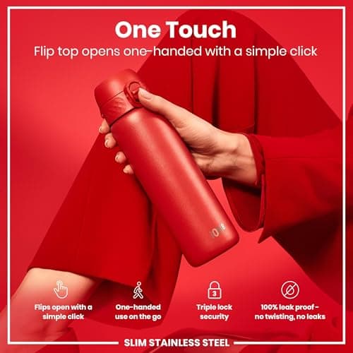 Ion8 Lightweight Steel Water Bottle, 600 ml/20 oz, Non-Insulated, Leak Proof, Easy to Open, Secure Lock, Dishwasher Safe, Flip Cover, Fits Cup Holders, Carry Handle, Metal Water Bottle, Red — view 3