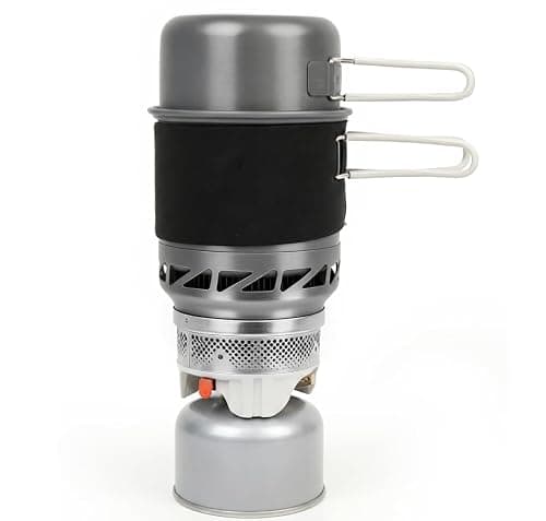 Camping Stove Gas Portable 1L Quick Boil Backpacking Stove with Piezo Ignition, Integrated Pot & Heat Exchange, Lightweight Windproof Burner with Canister Stand for Camping Hiking Trekking