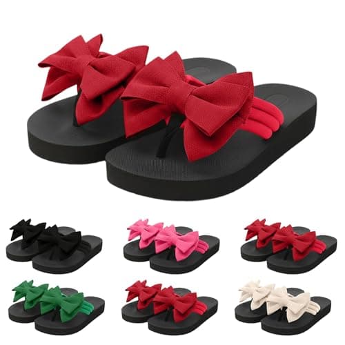 Flower Flip Flops Women Beach Slippers Size 5 Boho Open Toe Slip on Flat Sandals Summer Comfortable Yoga Mat Thong Sandals for Pool, Travel Vacation Slippers Bow Red Footwear Gift