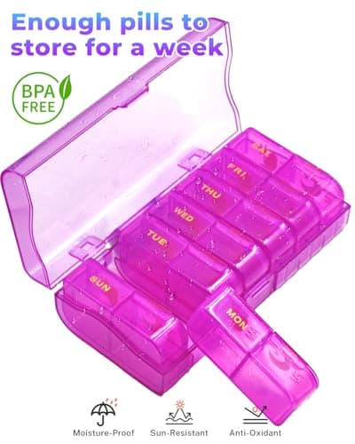 Cisrgo Weekly Pill Organizer 2 Times a Day, 7 Day AM/PM Pill Box, Portable Medication Dispenser with Child-Resistant Latch, BPA-Free, Travel, Office, Pets, Emergency Use (Lavender Purple) — view 4