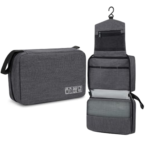 ALIIP Hanging Toiletry Bag Waterproof for Men & Women, Foldable Compact Travel Wash Bag with 3 Compartments, Lightweight One-Piece Makeup Bag Organizer for Travel Size Accessories (Grey)