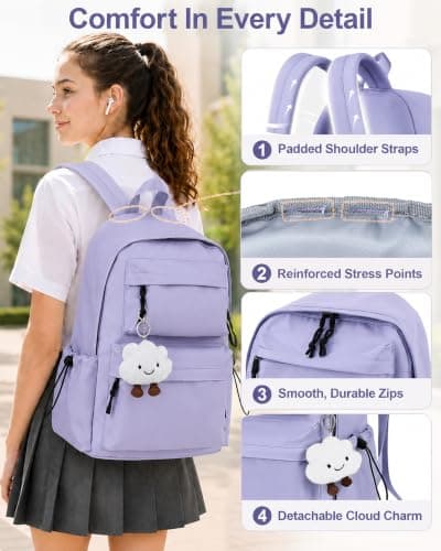 FIORETTO Backpack Womens School Bag Girls Boys, Lightweight Water-Resistant Fits 15.6” Laptop Large Capacity Rucksack with Anti-Theft Pocket, Ideal for School College Commuting Travel Purple — view 5