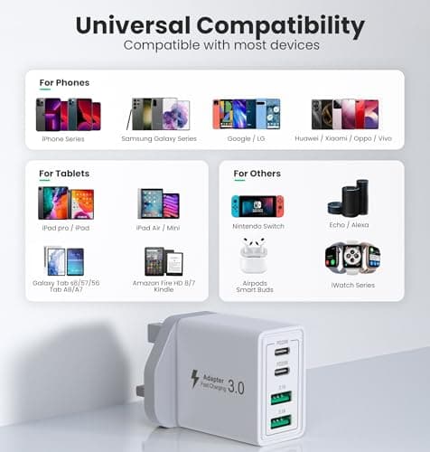 USB C Fast Charger Plug, 40W 4-Port Multi USB Charging Plug UK Dual Port PD Power Adapter + QC Multiport Mains Wall Charger Type C for iPhone 16 15 14 13 12 11 Pro Max XS XR, Samsung, iPad — view 6