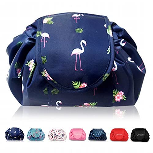 Vavabox Lazy Drawstring Makeup Bag, Flat Lay Cosmetic Bags (Navy Flamingo)