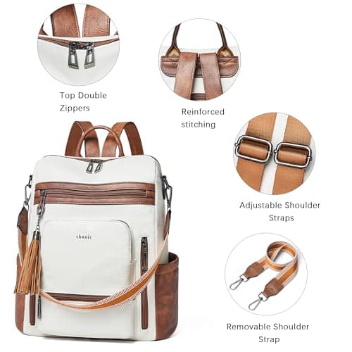 Shrrie Vegan Leather Laptop Backpack for Women 15.6 inch Work Backpack Fashion Travel Backpack Purse for Business College-Beige with Brown — view 6
