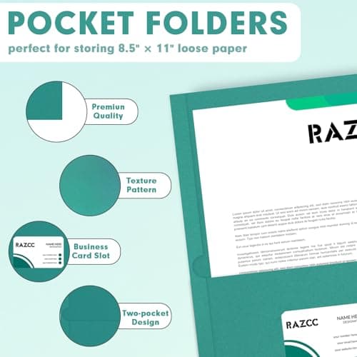 Two Pocket Folders, RAZCC 50 Pack 2 Pocket Folders Fit Letter Size Paper, Paper Folders with Pockets for School Office Business Home (Turquoise) — view 3