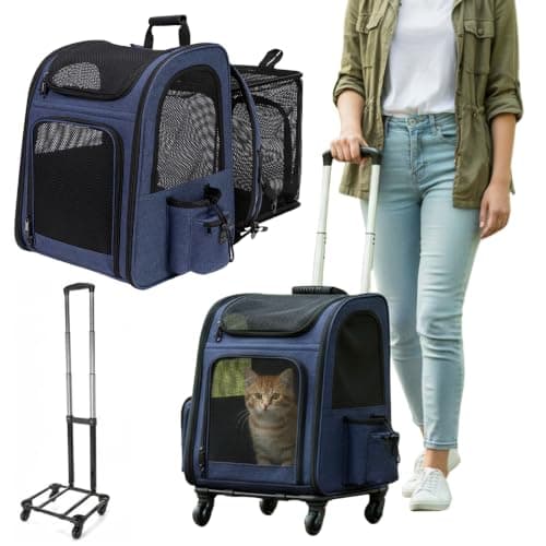 Large Pet Carrier Backpack with Wheels for Small & Medium Cats/Dogs (Blue) — view 2