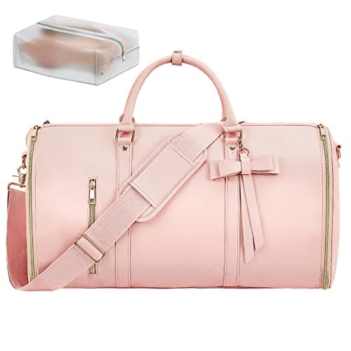 Garment Bags for Travel, Convertible Suit Travel Bag for Women, Stylish Carry On Garment Bag with Toiletry Pocket, Shoulder Strap and Shoes Compartment, 2 in 1 Foldable PU Leather Duffle Bag, Pink — view 6