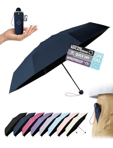LILAC Compact Travel Umbrella for Purse, Mini Folding Pocket Parasol with Windproof Absorbent Sleeve, UPF 100+ UV Sun Protection, 30% Thickened Alloy Steel Shaft, Double Fiberglass Reinforced