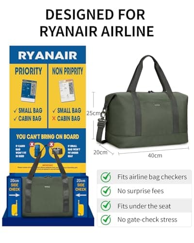 ECOHUB Ryanair Cabin Bags 40x30x20, 24L Underseat Hand Luggage Bag, Foldable Carry On Bag with Removable Wet Pocket, Water-Resistant Overnight Hospital Weekend Bag for Women, Green (Patent Pending) — view 2