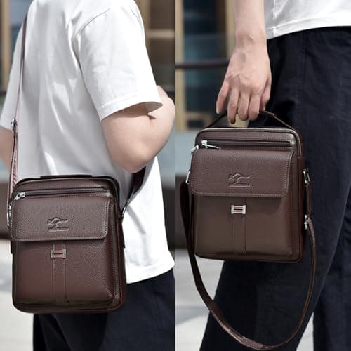 LOCOERDAISHU Men's Genuine Leather Shoulder Bag, Retro Crossbody Messenger Bag, Casual Travel Satchel with Adjustable Strap, Business Daily Use for Phone Wallet Keys Passport (Brown) — view 2
