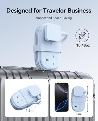 ORICO 65W GaN Travel Extension Lead with USB Slots (2 USB-A/2 USB-C), Flat Plug Power Strip with 2 Way Plug Extension Socket and 1.6M Extension Cord, Fast Charger for MacBook/iPad/iPhone - Blue — view 4