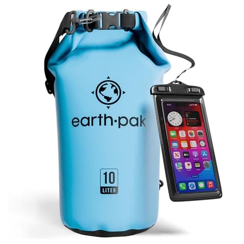 Earth Pak -Waterproof Dry Bag - Roll Top Dry Sack Keeps Gear Dry for Boating, Hiking, Camping and Fishing with Waterproof Phone Case (Light Blue, 10L)