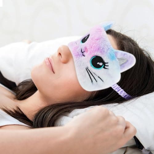 2 Pack Sleeping Eye Mask Soft Plush Eye Mask Cute Animal Sleeping Eye Shade Night Eyeshade Cover for Girls Boys Travel Nap Party Supplies (Colorful, Cat Style) — view 4