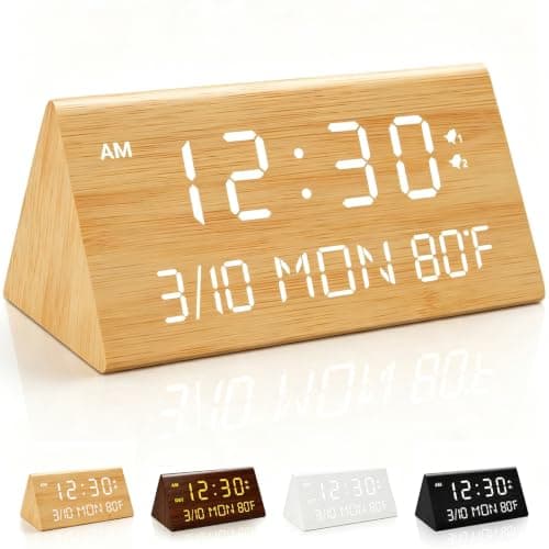 Kogonee Wooden Digital Alarm Clock, 0-100% Dimmer, 2 Alarm Settings, Weekday/Everyday Mode, 9 Mins Snooze, 12/24H, Temperature and Date Display for Office, Travel, Bedroom Alarm Clock (Bamboo)
