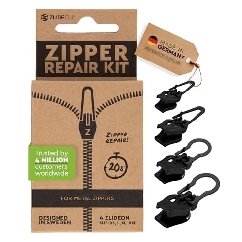 Zlideon Zipper Repair Kit for Metal Zippers Multipack - 4pcs - Black