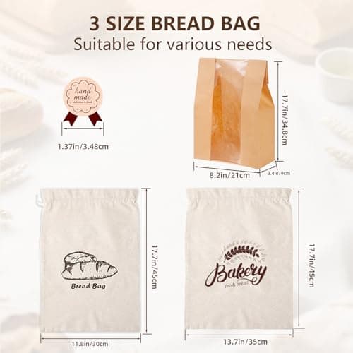 20 Pack Sourdough Bread Bags with Window for Homemade Bread Storage | Kraft Paper Bakery Bags for Cookies, Snacks & Gifts | Includes 30 Sealing Stickers & 2 Pcs Linen Cotton Bag — view 2