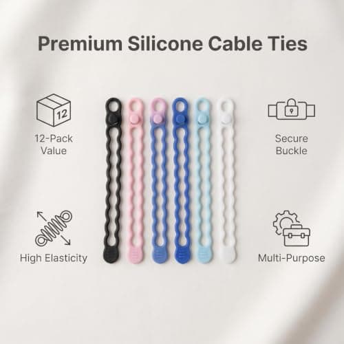 Reusable Cable Ties, 12 Pcs Silicone Cable Ties Elastic with Secure Buckle, Washable 6 Colors Adjustable Lightweight Portable Cord Organizer for Earphone Phone Charger Computer Data Cable Management — view 2