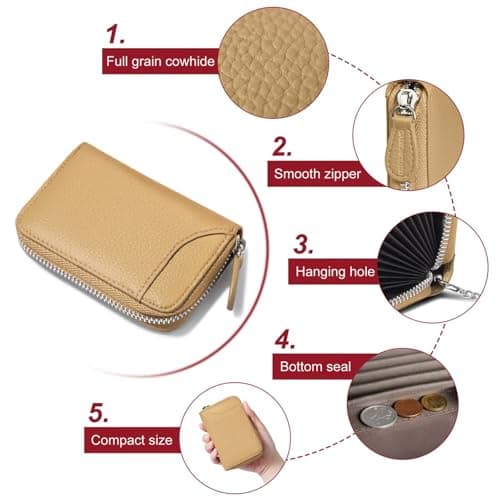 GADIEMKENSD Women Credit Card Holder Security RFID Wallet Zipper for Travel Leather Accordion Wallets Inserts Case Business Cards Organizer Compact Credit Card Cash Slots Champagne Gold — view 5