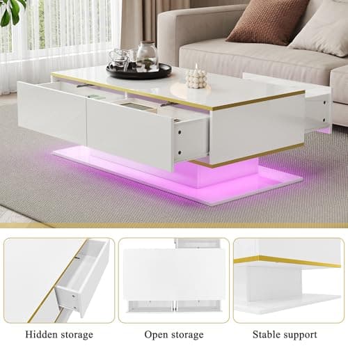 BTM Modern LED Coffee Table with High-Gloss Finish, 100 cm Length, Gold Accents, 3 Drawers & USB LED Light Strip (Adapter/Power Bank Required), White — view 4