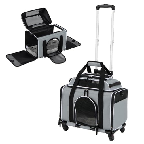 COSTWAY Foldable Pet Carrier with Wheels, Telescopic Handle (Grey)