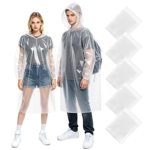 Chyaya 5 Pack Waterproof Poncho Adult, Emergency Portable Raincoat, Clear Rain Poncho with Sleeves & Hood, Reusable Rain Poncho Waterproof for Hiking Cycling Camping Travelling Festival