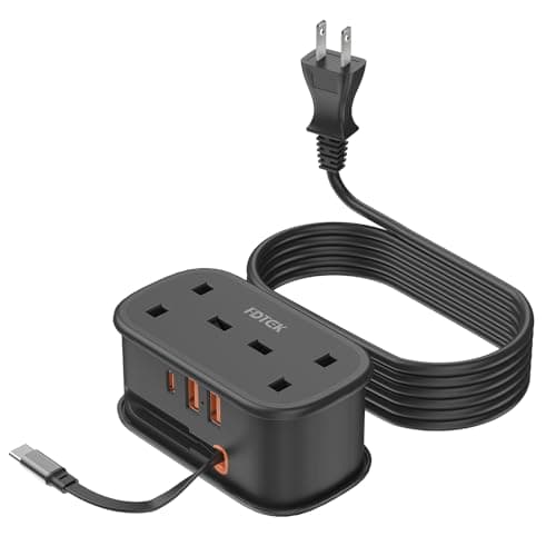 UK to Japan Plug Adapter with 1.5M Extension Cable, FDTEK 2 Way 3 USB Japan Travel Adapter with Retractable USB C Cable for Japan, Panama, Philippines Travel (Type A)-Black