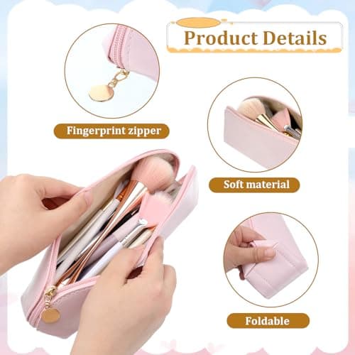 Leather Makeup Brush Bag with Zipper, Portable Travel Cosmetic Organizer Case, Compact Toiletry Pouch for Daily Work Essentials — view 3