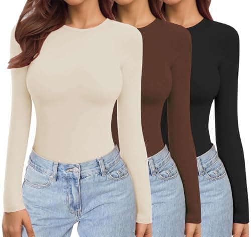 Ekouaer Womens Long Sleeve Tops Thermal Tee Black+Brown+Beige M