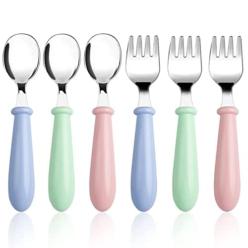 Lanjue Kids Fork and Spoon Set, 6 Pieces, Stainless Steel, 3 Colours