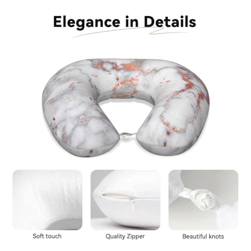 AUGUSTRUSH Memory Foam Neck Pillow - Travel Pillow With Adjustable Clasp, Removable Washable Cover For Airplane Office Car, Ergonomic Support Comfortable U-Shaped Pillow, Rose Gold Marble Print — view 3