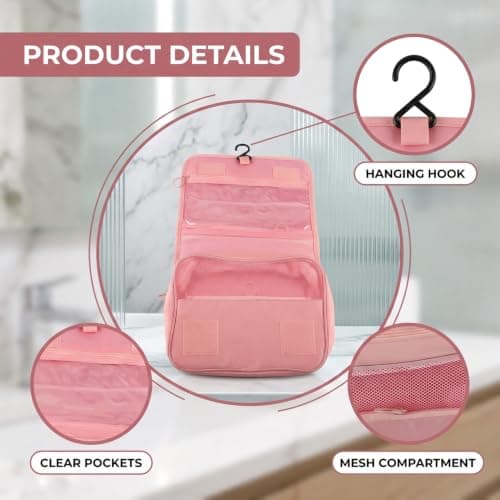 Lotsdonxia Hanging Wash Bag, Compact Travel Toiletry Organiser Portable Cosmetic Case, Durable Bathroom Storage Pouch, Holiday Essentials Accessories, Train Case Makeup Kit(Pink) — view 3