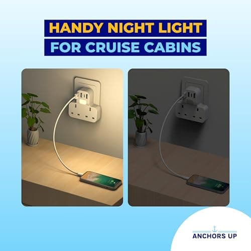 Cruise Approved 7-in-1 Travel Adapter – Non Surge for Cruise Ships – 4 USB Ports and Night Light – Works on Marella, MSC, Carnival, Princess, NCL, Disney – Cruise Essential (US Plug) — view 6