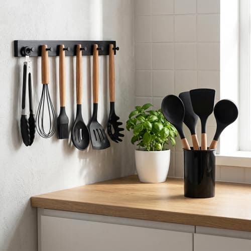 Senshuomy 12 PCS Kitchen Utensil Set, Silicone Cooking Utensils Set with Wooden Handle for Utensils BPA Free, Heat Resistant, Nonstick Cookware Tongs Spatula Spoon Set, Dishwasher Safe (Black) — view 6