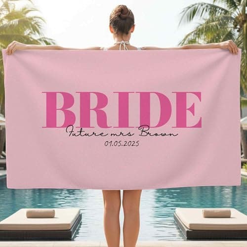 Print Maniacs Custom Personalised Bride Towel with Name and Date Microfibre Beach Towel Large Quick Dry Lightweight Travel Towel Hen Party Honeymoon
