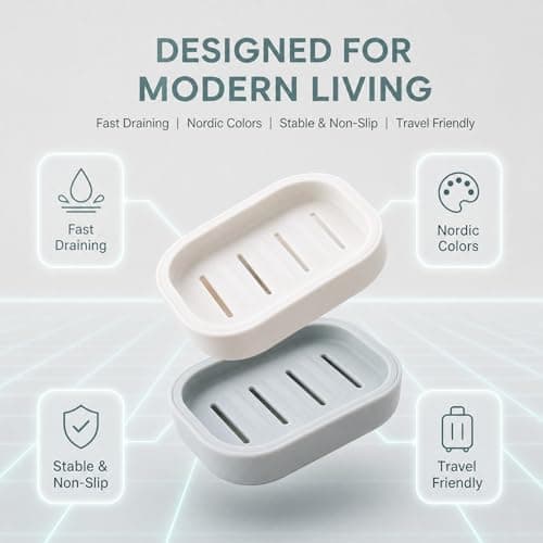 FeiatPogra 2 Pcs Soap Dish Set, 10.5x7.5cm Draining Soap Holder with Non-Slip Base, Plastic Soap Dish，Fast-Dry Portable Soap Box for Bathroom, Shower, Kitchen (Beige & Blue Grey) — view 6