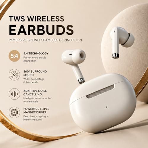 PWTEK Wireless Earbuds Bluetooth 5.4, Beige Wireless Headphones with HiFi Stereo Deep Bass, 42H Playtime, IPX7 Waterproof Ear Buds, Touch Control, USB-C Fast Charging, In-Ear Earphones — view 3