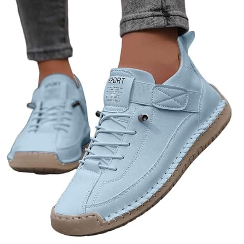 Womens Leather Trainers Flat Lace Slip on Running Walking Shoes Ladies Lightweight Breathable Ankle Gym Sport Sneakers Women Orthopedic Arch Support Trainers (Sky Blue, 9) — view 2